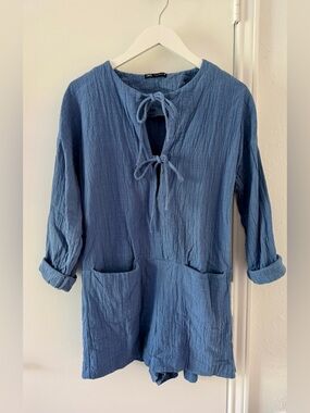 Zara Blue Textured Tie-Front Romper